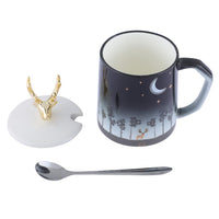 Deer Cute Coffee Mugs Funny Ceramic Tea Cups with Golden Deer Lid and Stainless Spoon Gifts for Animal Lovers, Girls, Nature Lovers.