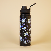 Black Floral Print Stainless Steel Water Bottle