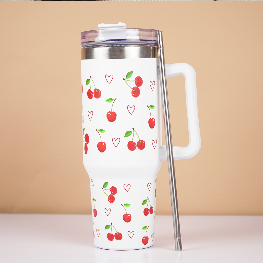 1200ml Cherry Print Insulated Stainless Steel Tumbler with Handle & Straw | Leakproof Travel Mug | Hot & Cold Beverage Cup | Height 27 cm, Width 7 cm