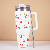 1200ml Cherry Print Insulated Stainless Steel Tumbler with Handle & Straw | Leakproof Travel Mug | Hot & Cold Beverage Cup | Height 27 cm, Width 7 cm