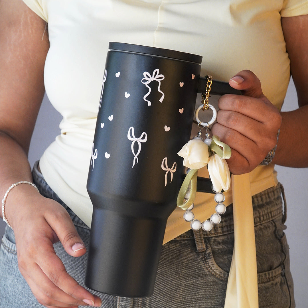Aesthetic Bow Print Black Stainless Steel Tumbler with Floral Charm