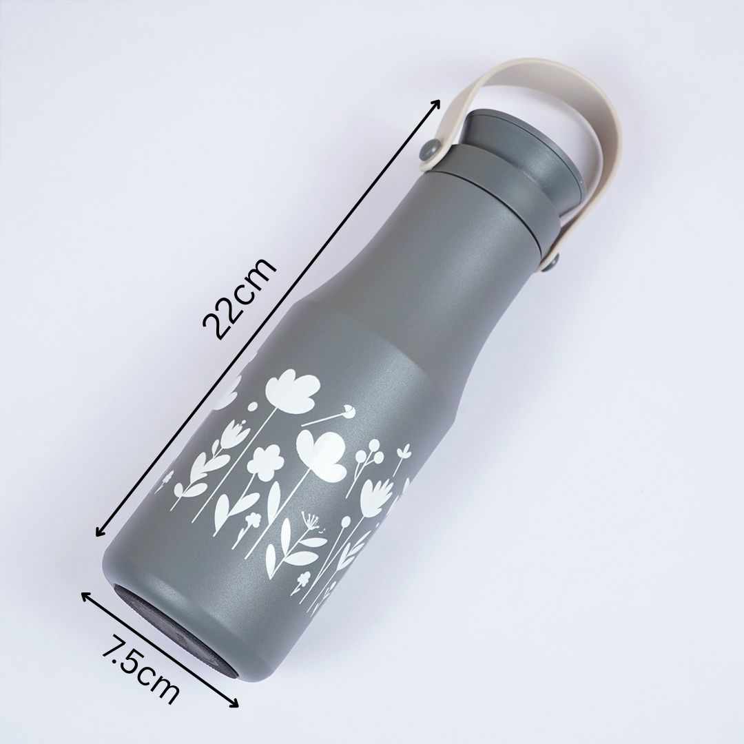 Matte Grey Floral Stainless Steel Water Bottle