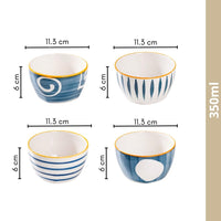 Indigo Charm Ceramic Bowls – Set of 4 | Handcrafted Blue & White Serving Bowls with Golden Rim