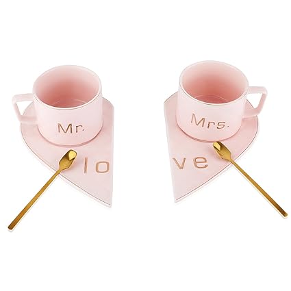 Mr and Mrs Ceramic mug || Couple Coffee Cup and Tea Mugs with Heart Shape  Saucer || Microwave Safe, Dishwasher Safe| Valentine Day Gift Pink Mug.