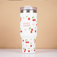 1200ml Cherry Print Insulated Stainless Steel Tumbler with Handle & Straw | Leakproof Travel Mug | Hot & Cold Beverage Cup | Height 27 cm, Width 7 cm