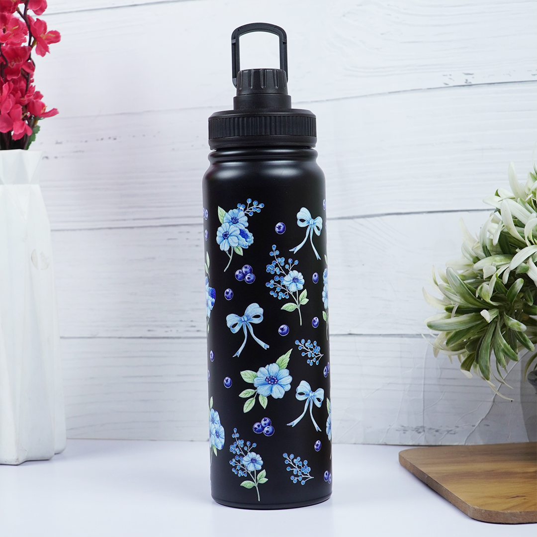 Black Floral Print Stainless Steel Water Bottle