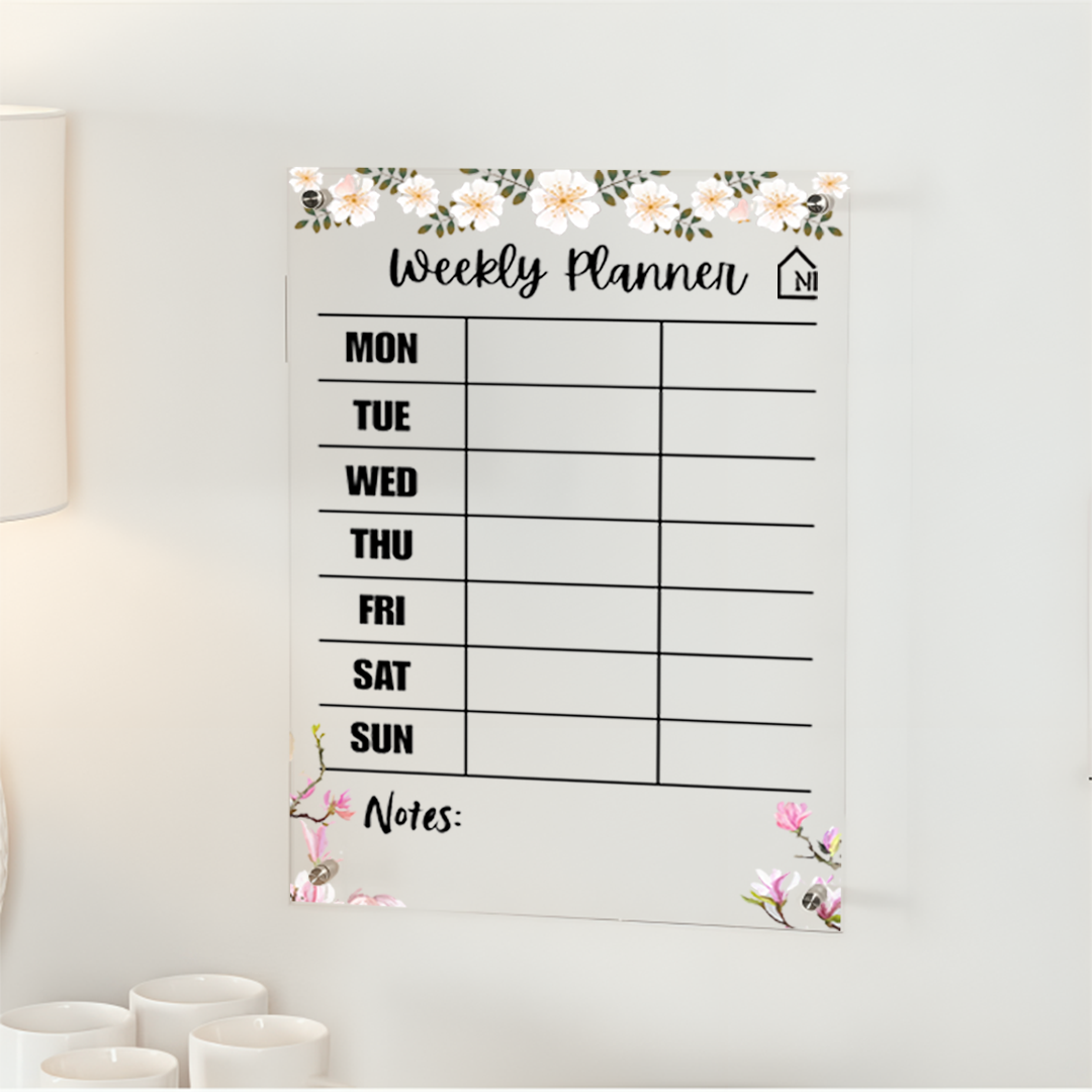 Chic Floral Acrylic Weekly Wall Planner - Rewritable Wall Organizer for Home, School & Office