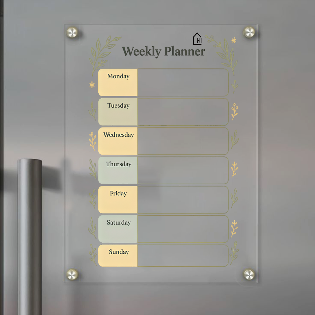 Acrylic Fridge Weekly Planner | Elegant Magnetic Organizer with Botanical Design | Pen and Rag