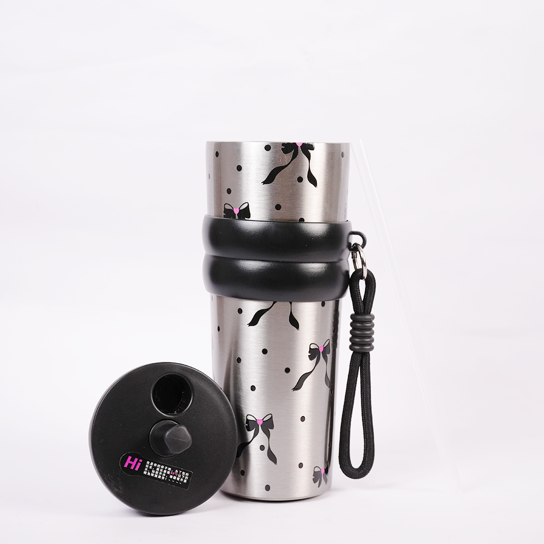Bow Print Stainless Steel Insulated Tumbler with Straw & Carry Loop
