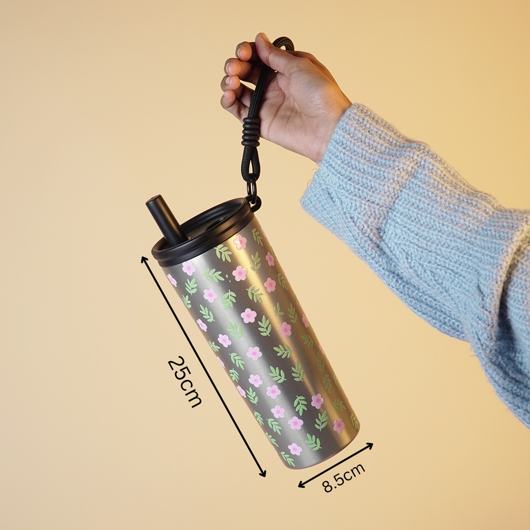 Floral Stainless Steel Tumbler with Straw