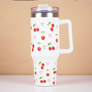 1200ml Cherry Print Insulated Stainless Steel Tumbler with Handle & Straw | Leakproof Travel Mug | Hot & Cold Beverage Cup | Height 27 cm, Width 7 cm