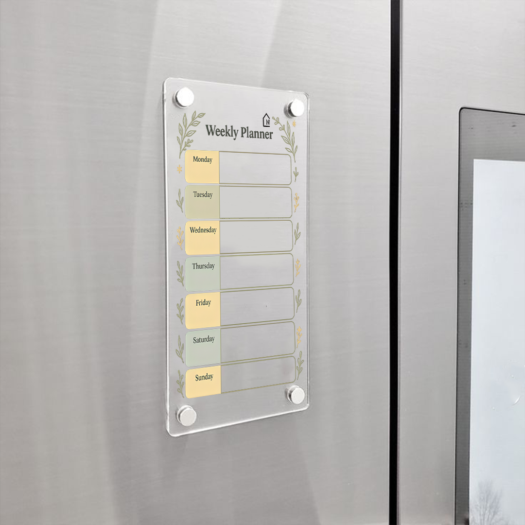 Acrylic Fridge Weekly Planner | Elegant Magnetic Organizer with Botanical Design | Pen and Rag