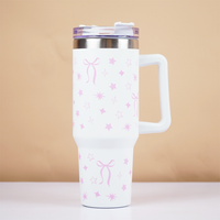 Cute Star Print Stainless Steel Tumbler with Handle | Double Wall Insulated Travel Mug with Straw
