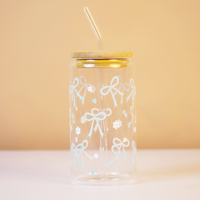 Cute Bow Print Glass Tumbler with Bamboo Lid & Straw