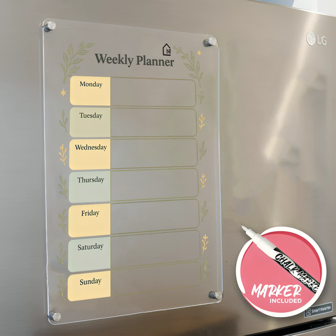 Acrylic Fridge Weekly Planner | Elegant Magnetic Organizer with Botanical Design | Pen and Rag