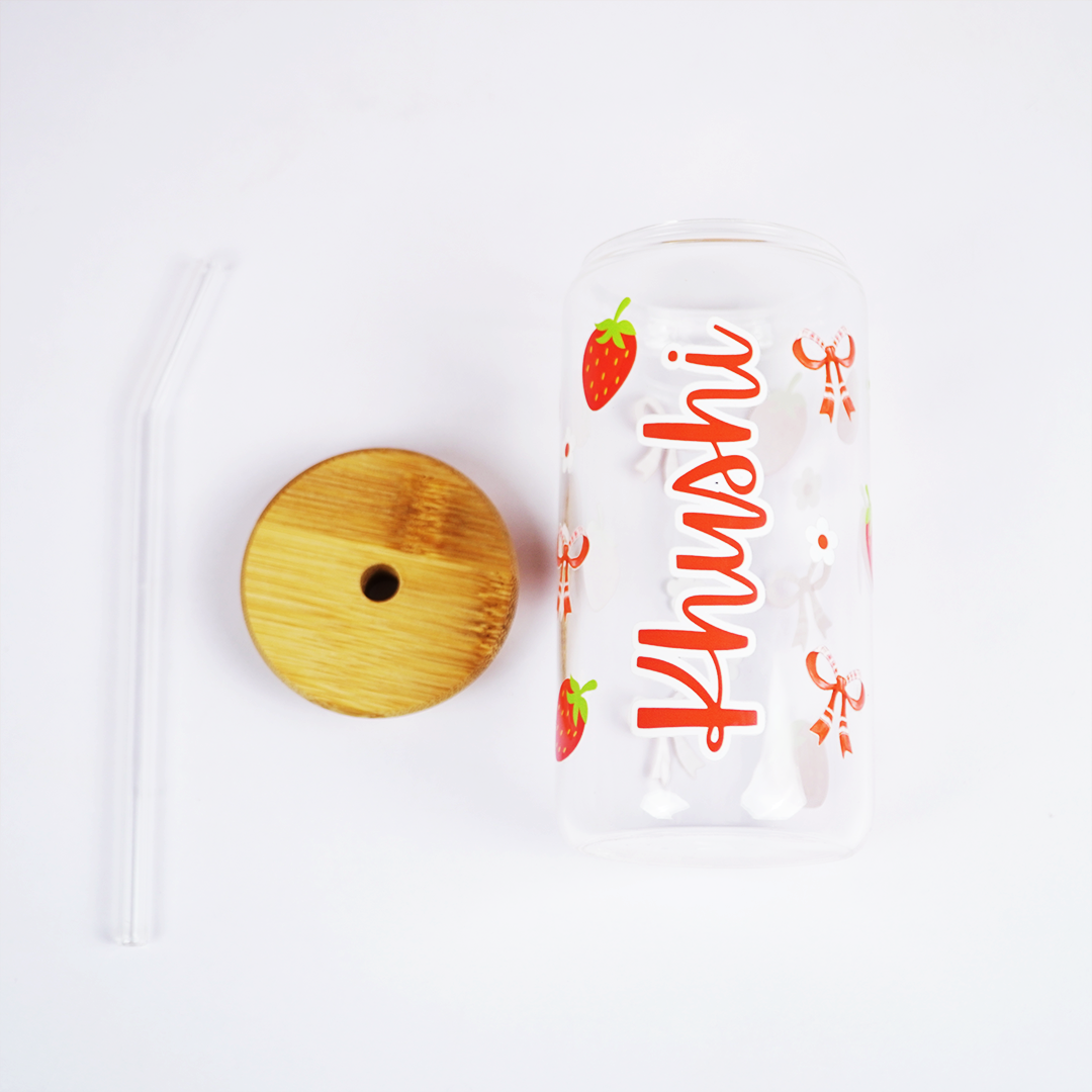 Personalized Strawberry Glass Tumbler with Bamboo Lid & Straw