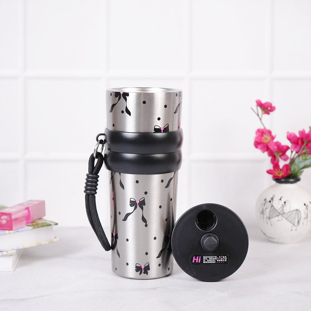 Bow Print Stainless Steel Insulated Tumbler with Straw & Carry Loop