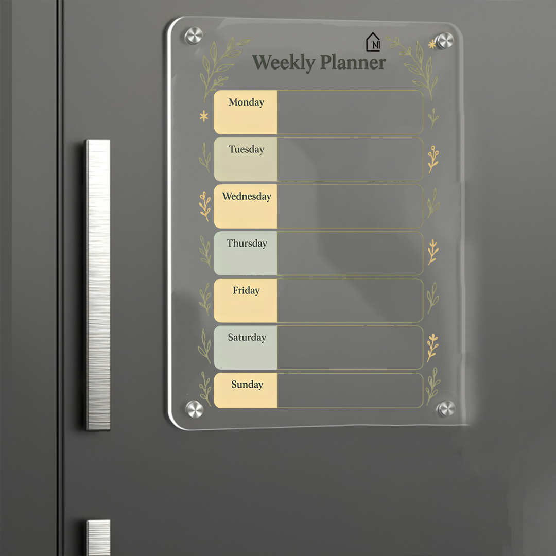 Acrylic Fridge Weekly Planner | Elegant Magnetic Organizer with Botanical Design | Pen and Rag