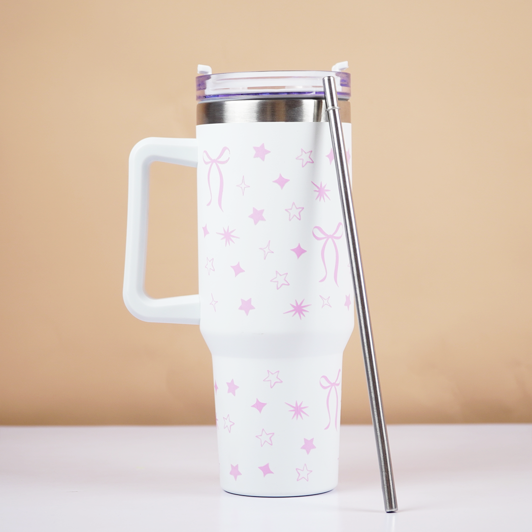 Cute Star Print Stainless Steel Tumbler with Handle | Double Wall Insulated Travel Mug with Straw