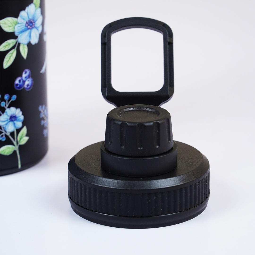 Black Floral Print Stainless Steel Water Bottle