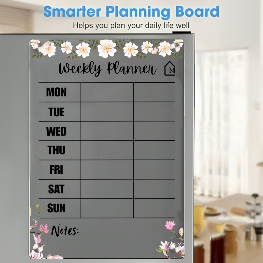 Floral Black Acrylic Weekly Planner | Magnetic Reusable Fridge Board with Notes Section | Pen and Rag