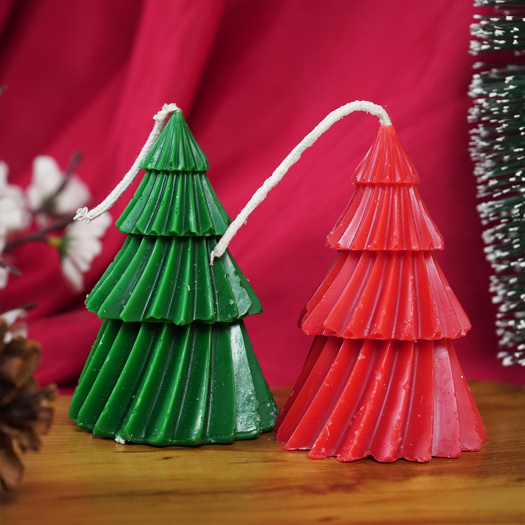 Set-2 Red and Green Christmas Tree Shape Decorative Candle