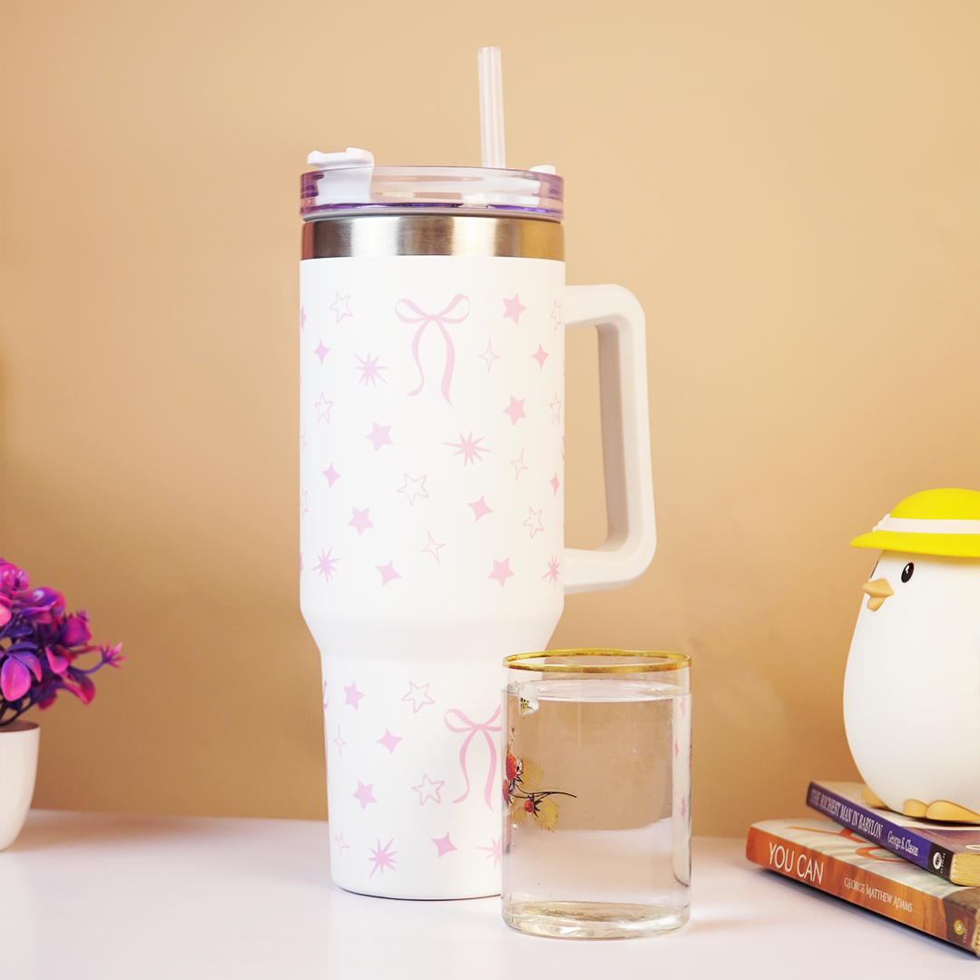 Cute Star Print Stainless Steel Tumbler with Handle | Double Wall Insulated Travel Mug with Straw