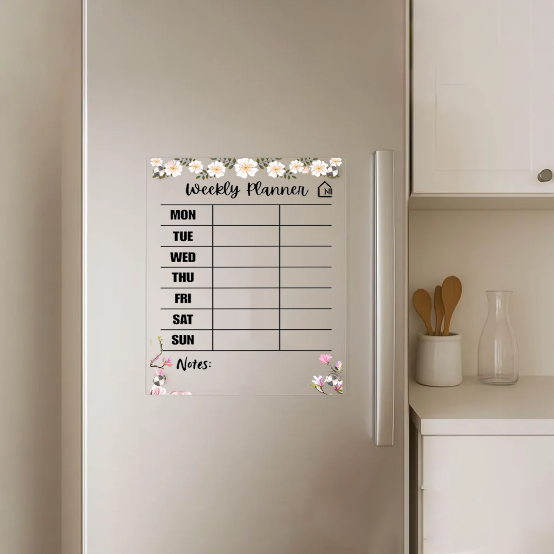 Floral Black Acrylic Weekly Planner | Magnetic Reusable Fridge Board with Notes Section | Pen and Rag