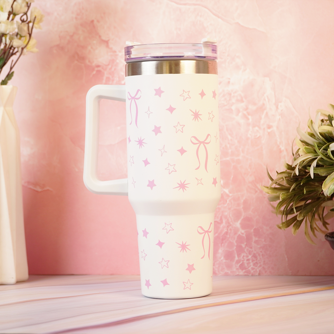 Cute Star Print Stainless Steel Tumbler with Handle | Double Wall Insulated Travel Mug with Straw