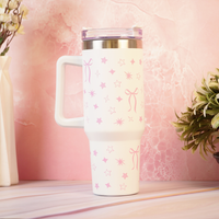 Cute Star Print Stainless Steel Tumbler with Handle | Double Wall Insulated Travel Mug with Straw