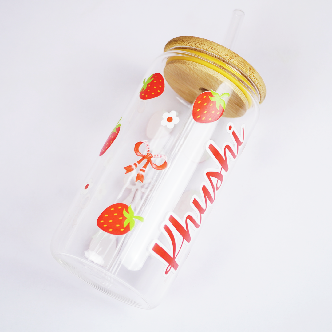 Personalized Strawberry Glass Tumbler with Bamboo Lid & Straw