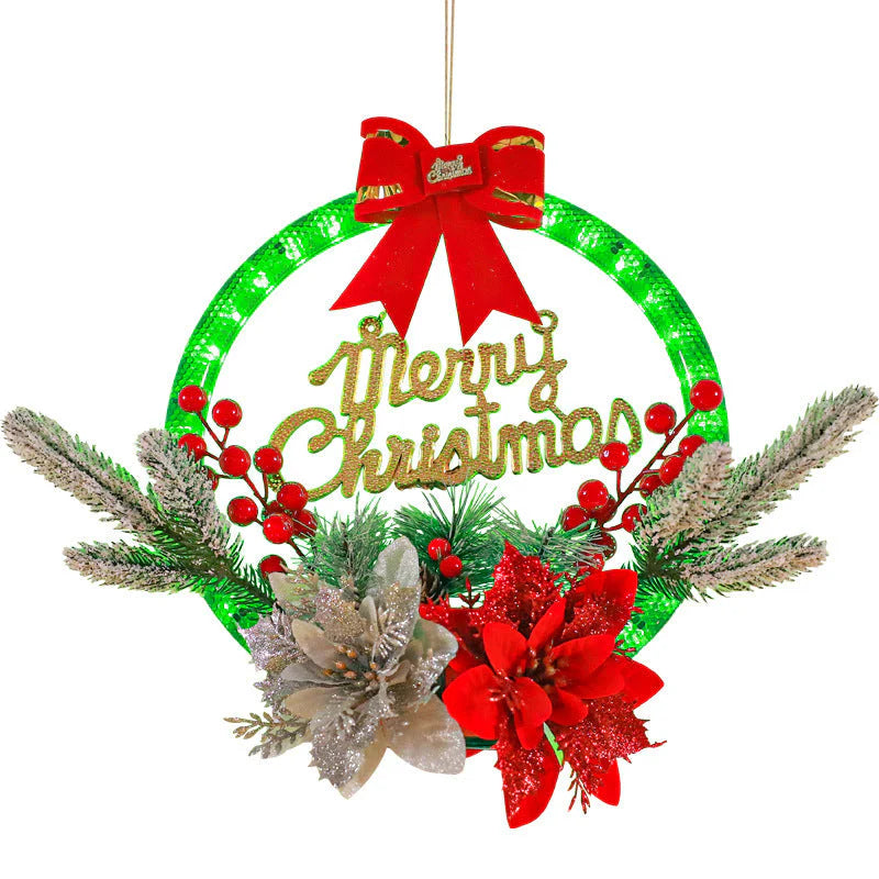LED Christmas Wreath with Flowers & Red Bow – 30cm Festive “Merry Christmas” Hanging Decoration