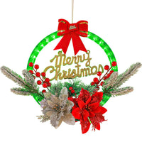 LED Christmas Wreath with Flowers & Red Bow – 30cm Festive “Merry Christmas” Hanging Decoration