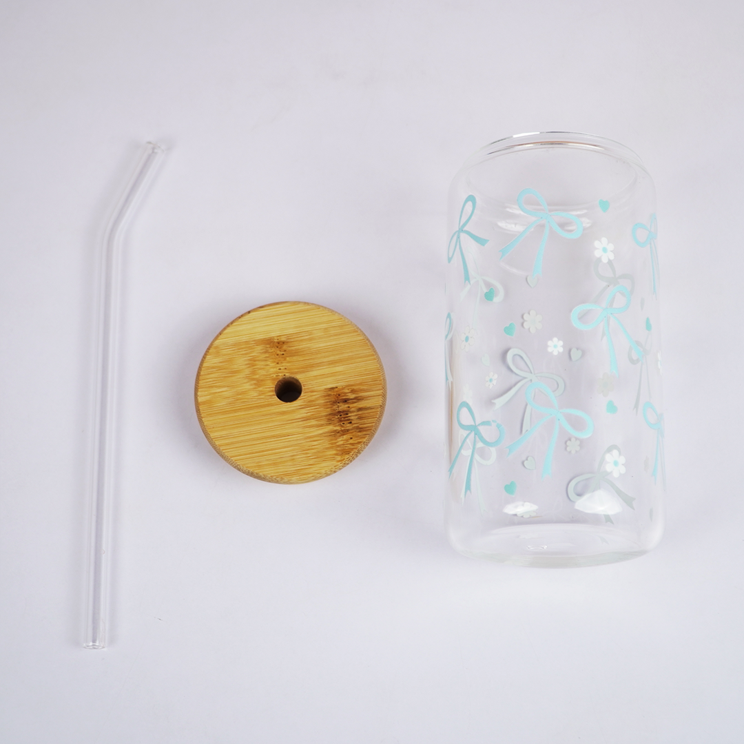 Cute Bow Print Glass Tumbler with Bamboo Lid & Straw