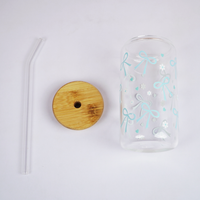 Cute Bow Print Glass Tumbler with Bamboo Lid & Straw