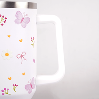 White Floral Butterfly Tumbler with Straw & Handle – Cute Aesthetic Travel Tumbler