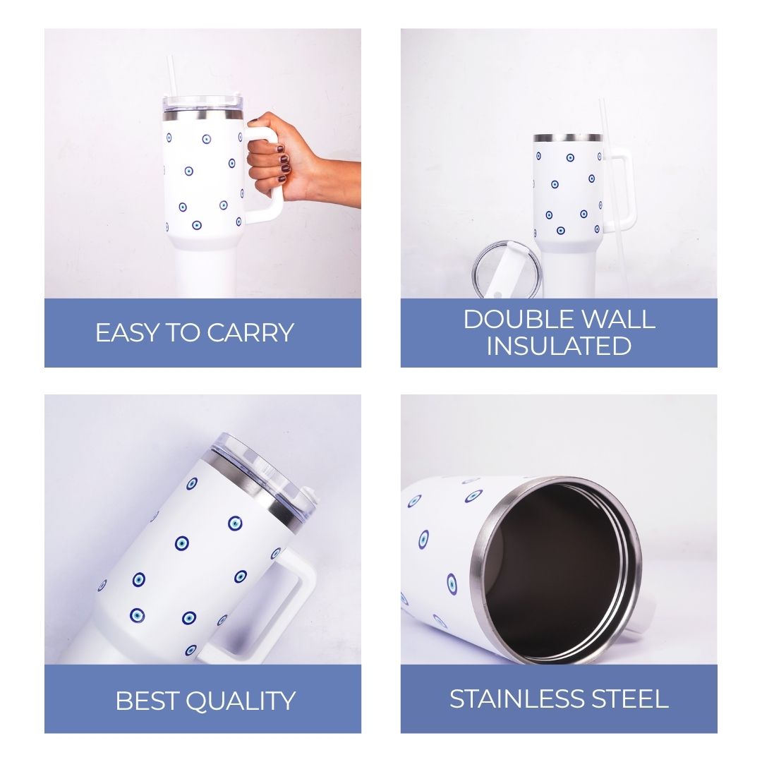 White Evil Eye Print Tumbler with Straw & Handle