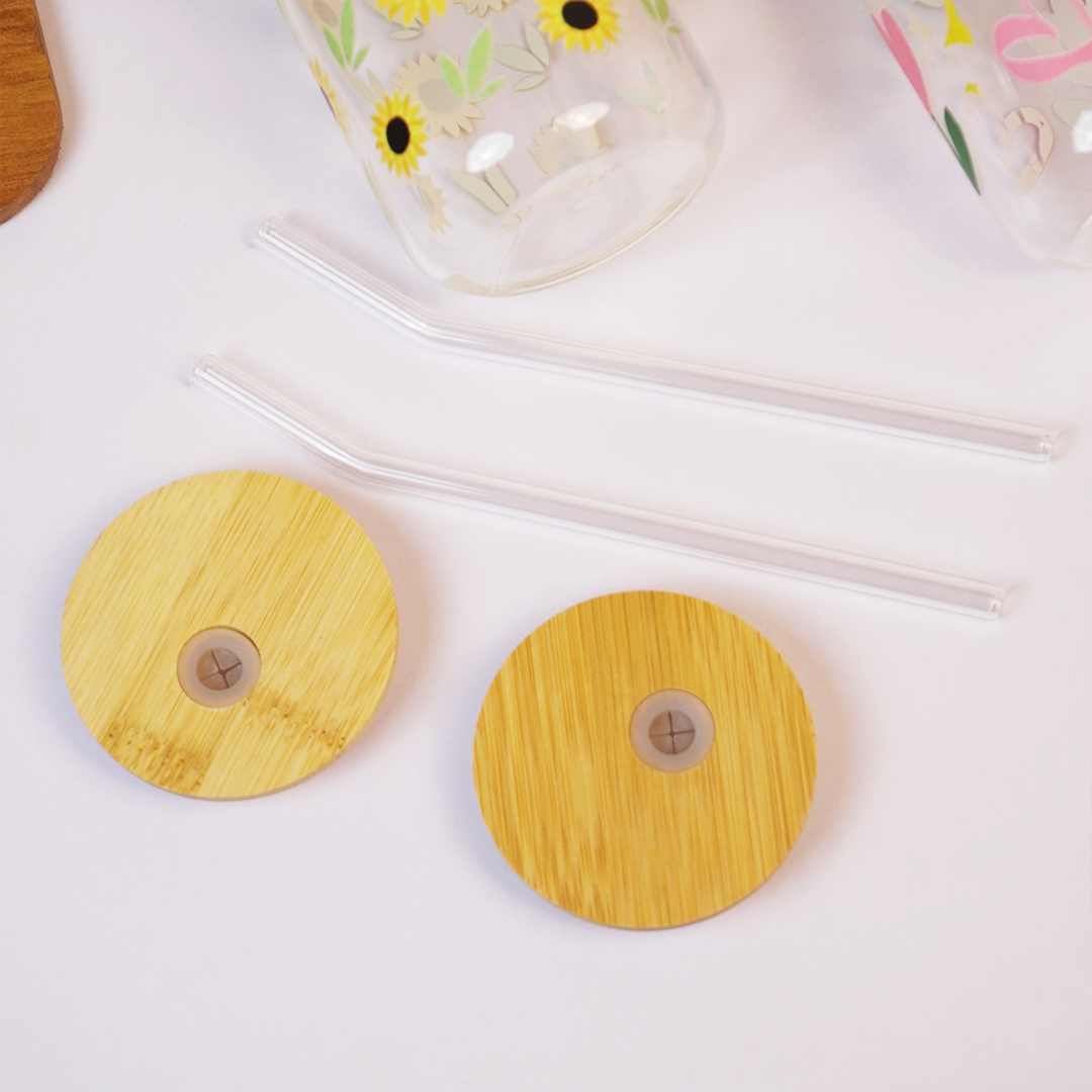 Set-2 Floral Glass Tumbler with Bamboo Lid & Straw