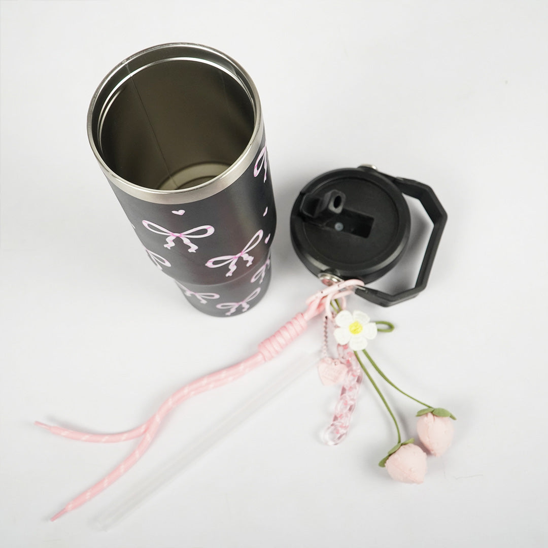 Bow Print Tumbler with Handle & Charm | Reusable Travel Cup | Cute Everyday Drinkware