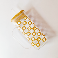 Sunny Daisy Checkered Glass Tumbler with Handle, Bamboo Lid & Straw – Aesthetic & Eco-Friendly Drinkware