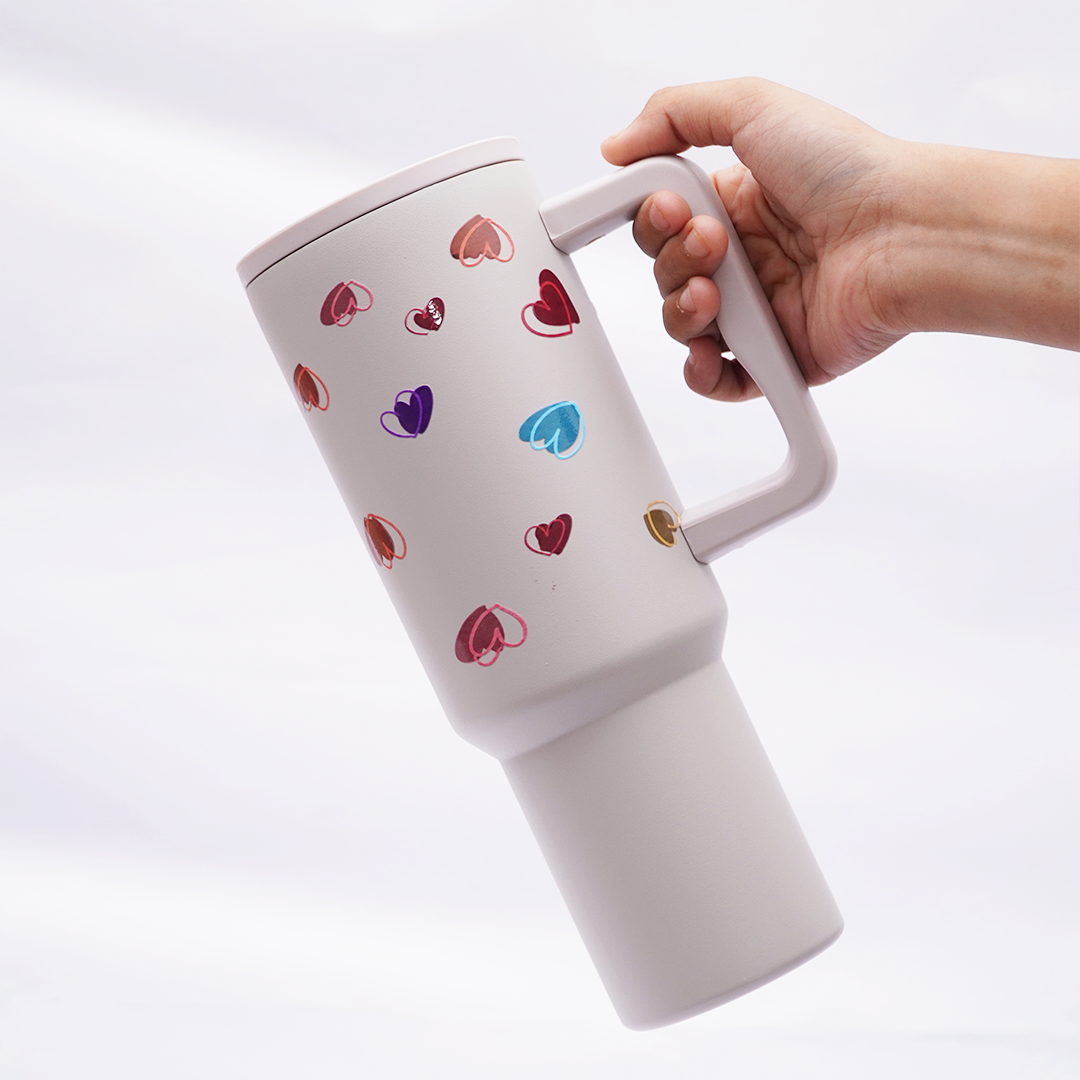 Rainbow Heart Stainless Steel Travel Tumbler with Handle | Double Wall Insulated & Leakproof