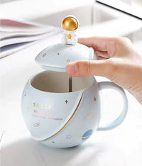 Astronaut Ceramic Coffee Mug with Lid and Spoon, Tea Cup, as a Gift, Porcelain Cup for Coffee, Tea, Milk, Water, 450 ml