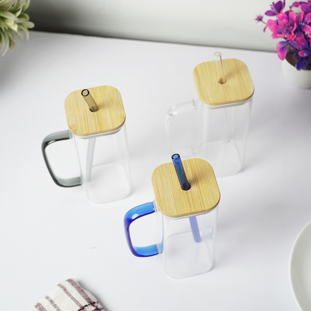 Glass Mug with Bamboo Lid & Reusable Straw | Clear Drinking Glass with Handle for Coffee