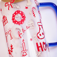 Christmas Glass Tumbler with Handle & Bamboo Lid – Set of 2 | Festive Holiday Design with Straw