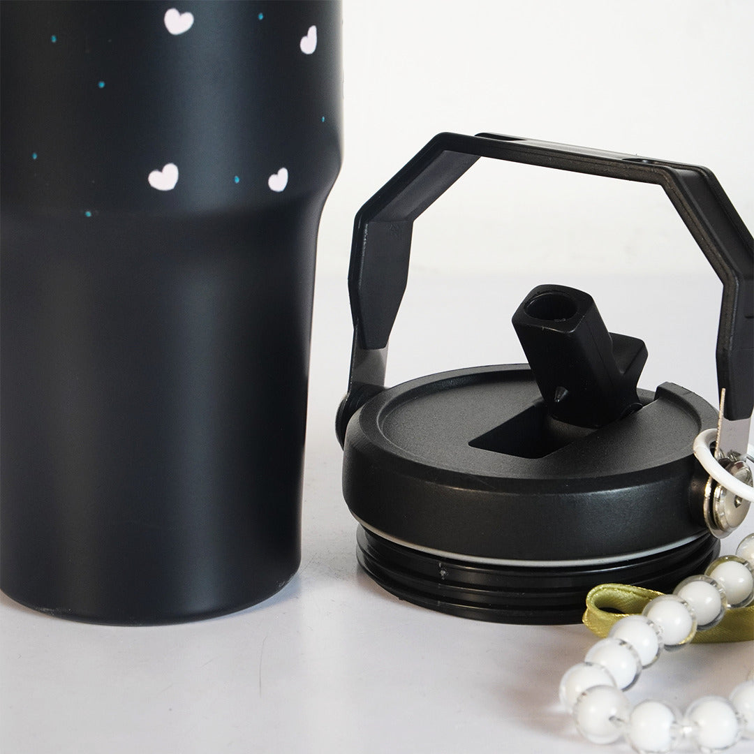 Aesthetic Heart Print Stainless Steel Tumbler with Floral Charm