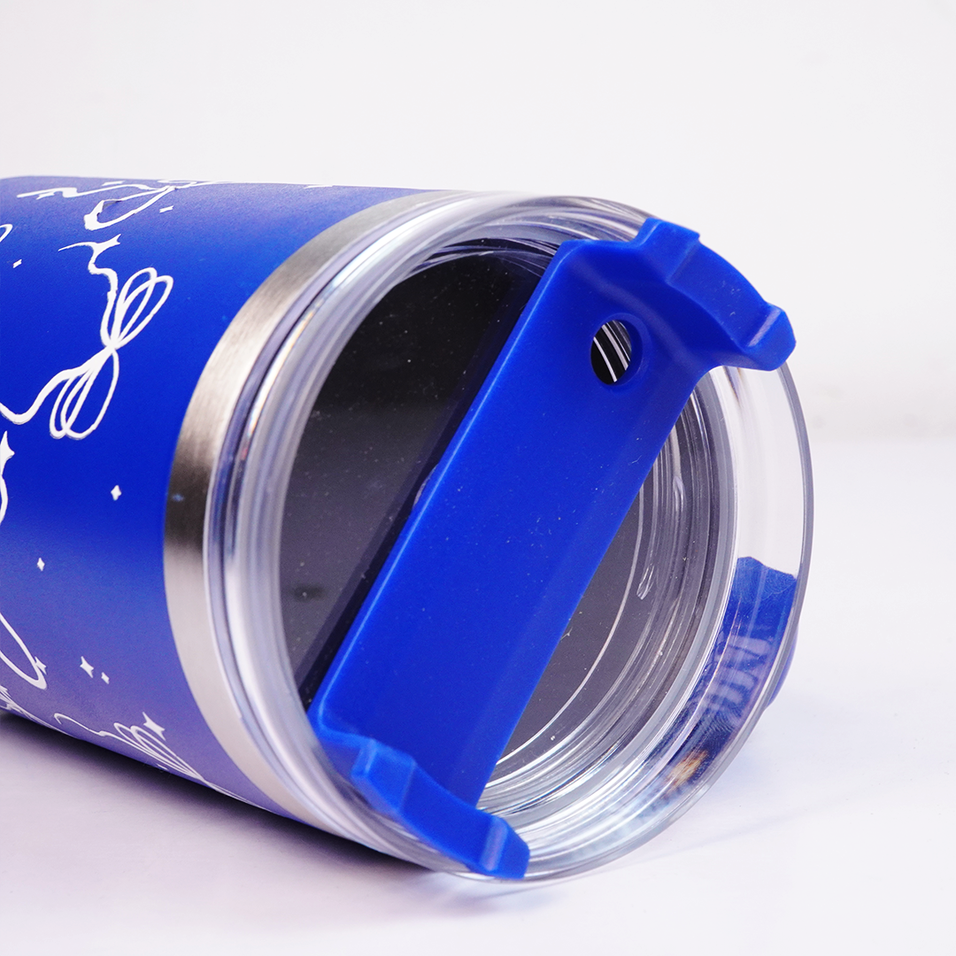 Royal Blue Bow Tumbler with Straw & Handle – Elegant Ribbon & Sparkle Print Travel Tumbler