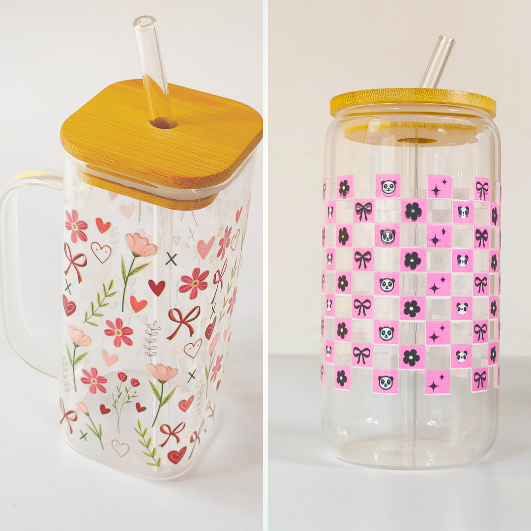 Floral & Panda Glass Tumbler Combo – Set of 2 | Aesthetic Clear Glass Tumblers with Bamboo Lid & Straw