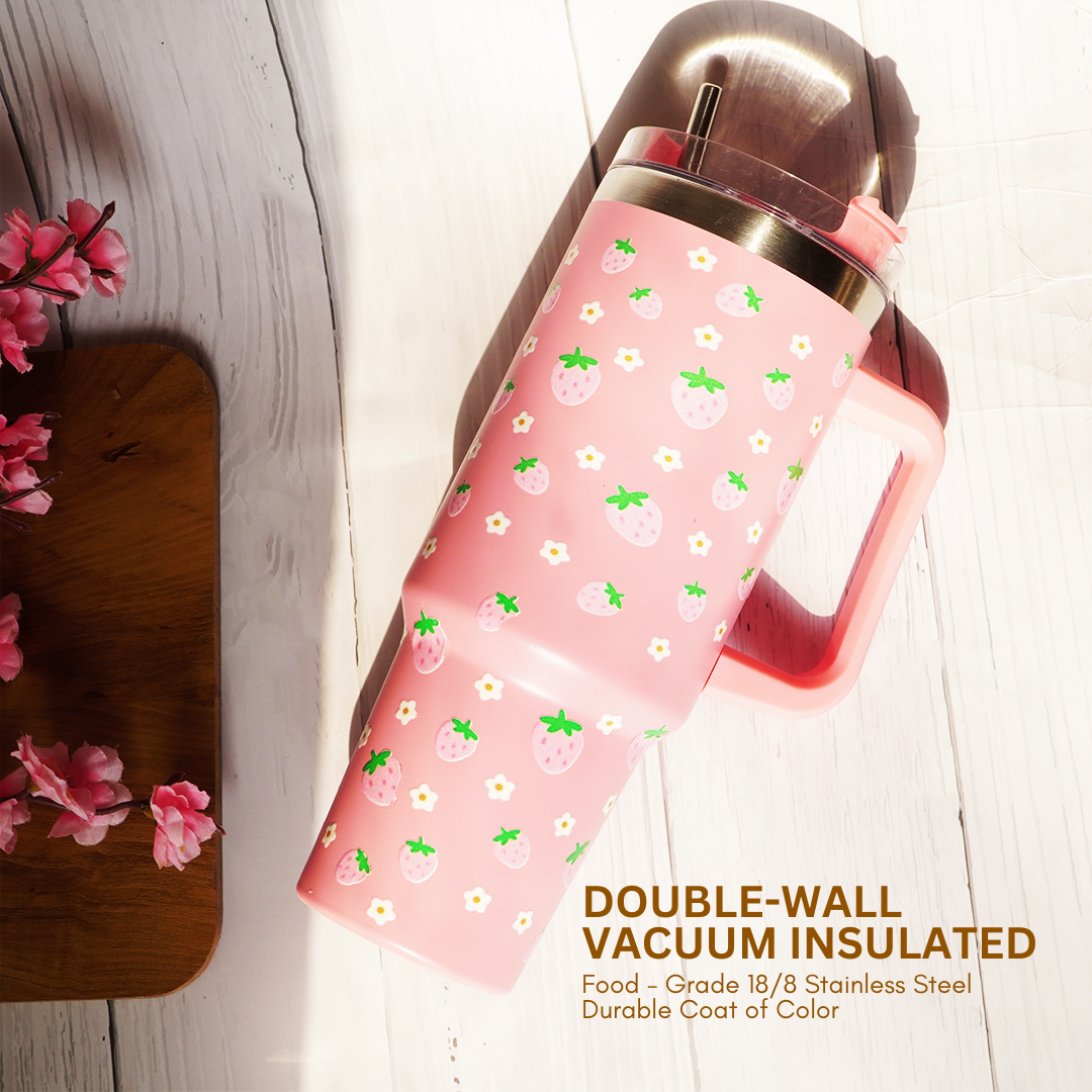 Cute Strawberry Stainless Steel Tumbler with Straw & Handle
