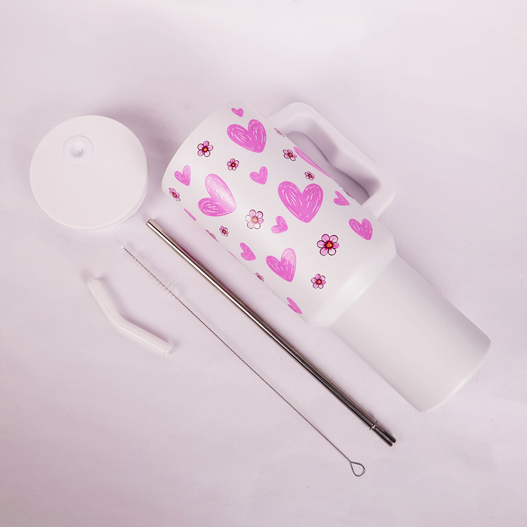 Pink Floral Heart Print White  Travel Tumbler with Handle & Straw