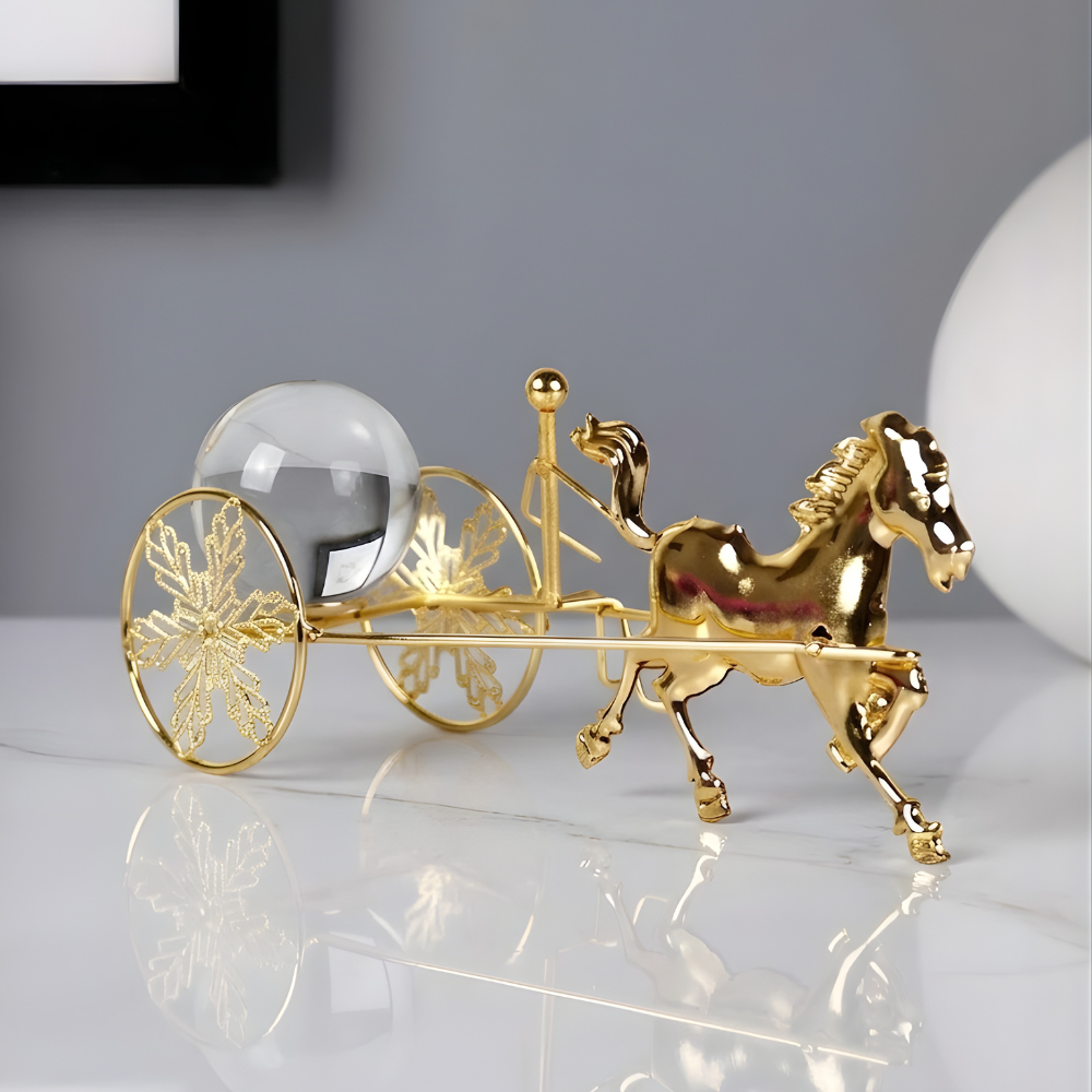 Golden Horse Carriage Showpiece Luxury Metal Decor with Glass Crystal Ball